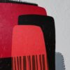 Detail of stacked crimson, coral and black shapes with fringed edges in Silent Expanse by Yelena Revis