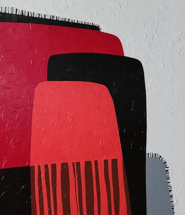 Detail of stacked crimson, coral and black shapes with fringed edges in Silent Expanse by Yelena Revis