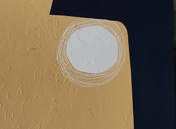 Detail of a textured white orb ringed by etched lines on ochre impasto in Silent Expanse by Yelena Revis