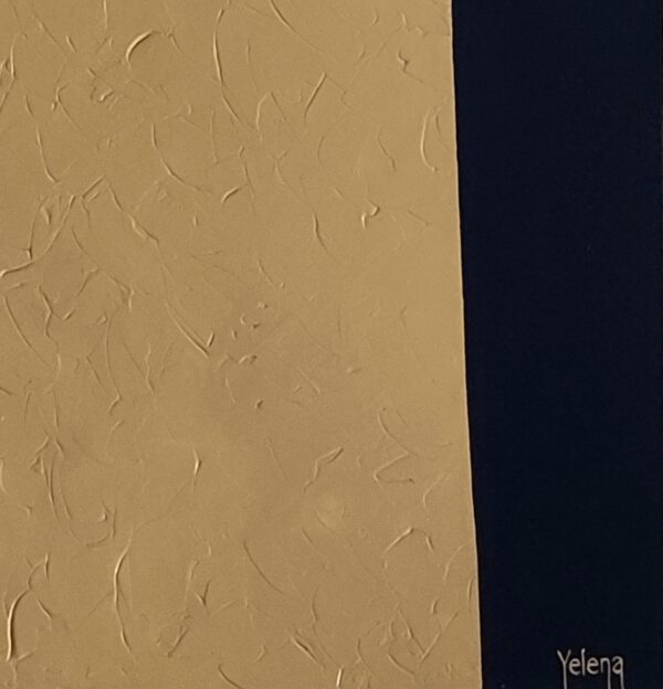 Yelena Revis white signature on dark navy-black beside ochre impasto in Silent Expanse