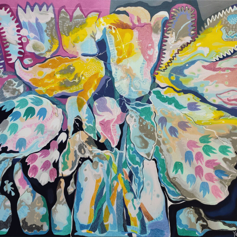 Splash of Blossom original abstract painting by Yelena Revis featuring vibrant floral forms and rich texture.