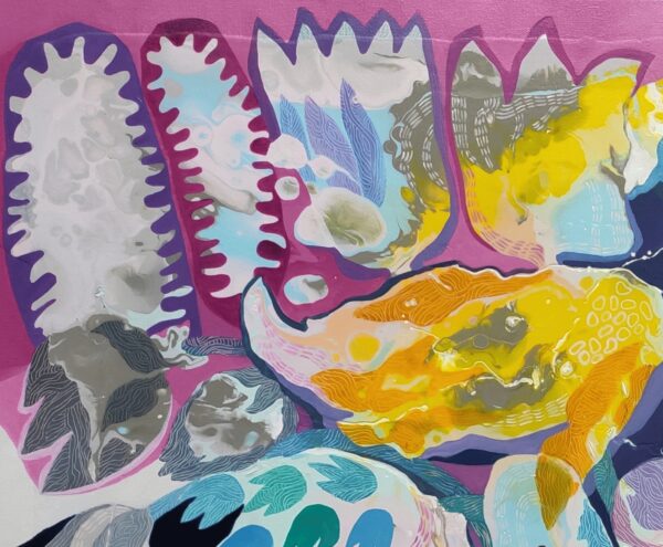 Splash of Blossom Pink Detail — Painting by Yelena Revis Splash of Blossom painting detail by Yelena Revis showing vibrant pink background, golden hues, and intricate linework.