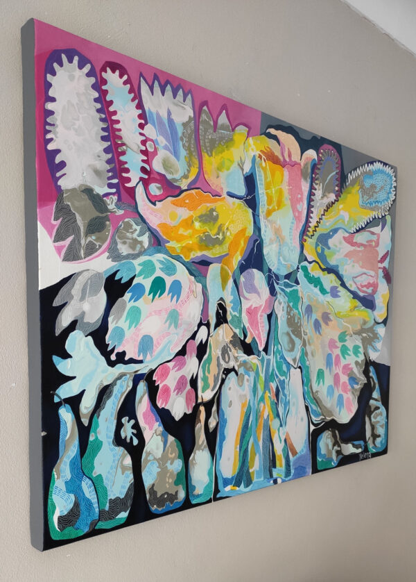 Splash of Blossom Canvas Side View — Painting by Yelena Revis Splash of Blossom abstract painting by Yelena Revis side view showing stretched canvas profile and finished edges.