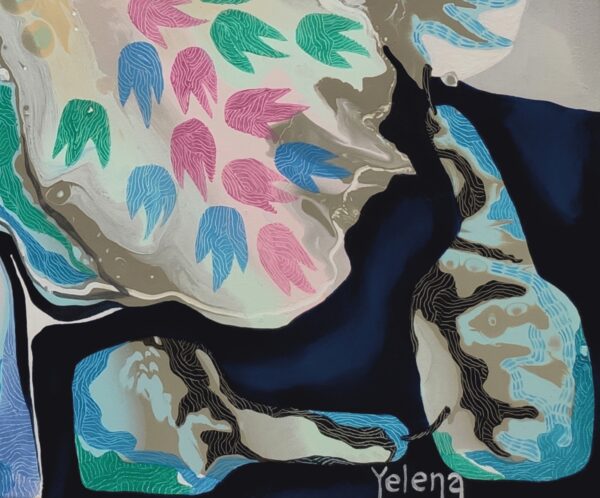 Splash of Blossom Signature Detail — Painting by Yelena Revis Splash of Blossom painting detail by Yelena Revis showing the artist signature in the lower right corner.