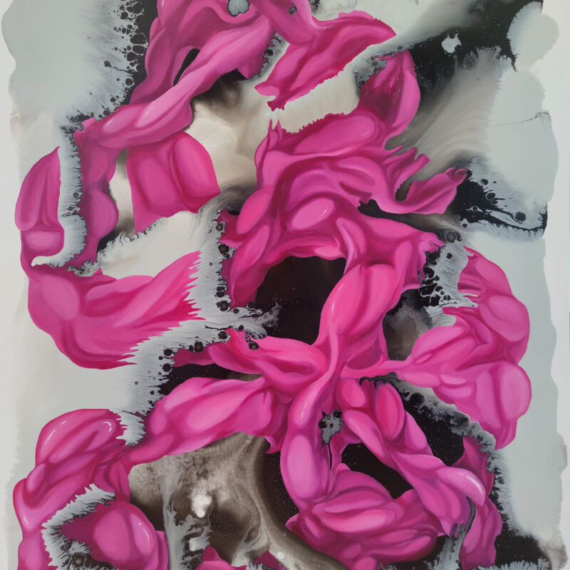 Spontaneous Symphony — Abstract Painting by Yelena Revis Spontaneous Symphony abstract painting by Yelena Revis with vibrant magenta fluid ribbons on ink wash background.