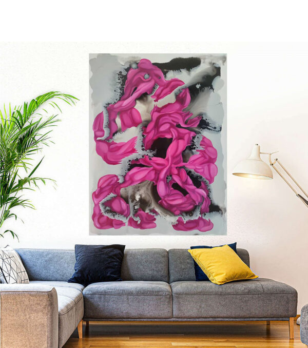 Spontaneous Symphony abstract painting by Yelena Revis above a grey L-shaped sofa in a living room