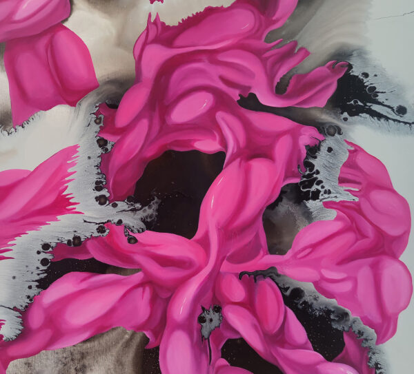 Detail of magenta folds and an organic central node in Spontaneous Symphony by Yelena Revis