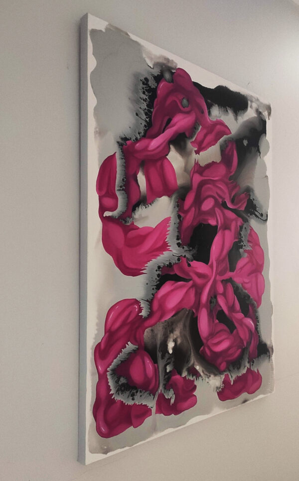 Side view of Spontaneous Symphony by Yelena Revis hanging on a gallery wall