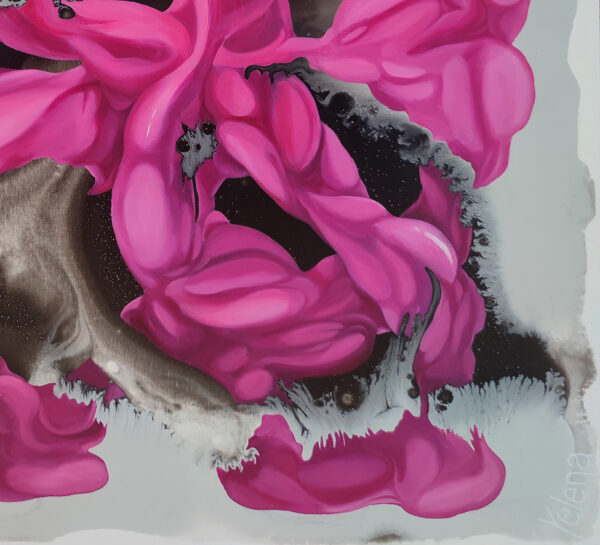 Yelena Revis light grey signature beside swirling magenta forms in Spontaneous Symphony
