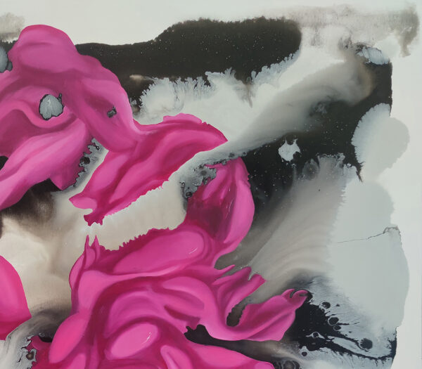 Detail of magenta folds, charcoal washes and ink cell dispersions in Spontaneous Symphony by Yelena Revis