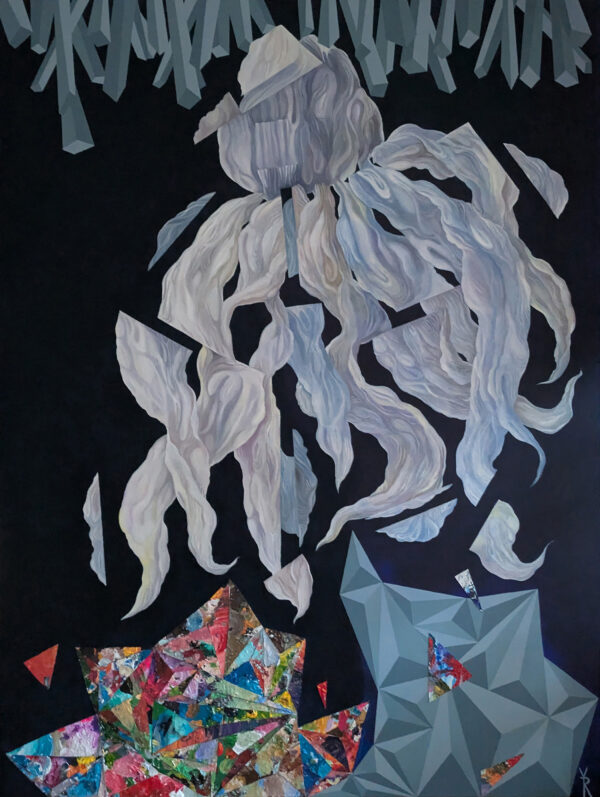 Structure of Infinity abstract painting by Yelena Revis with silver ribbons, grey prisms, and colorful collage.