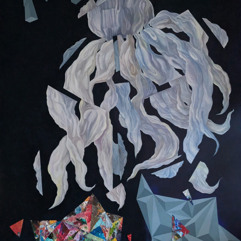 Structure of Infinity — Abstract Painting by Yelena Revis Structure of Infinity abstract painting by Yelena Revis with silver ribbons, grey prisms, and colorful collage.