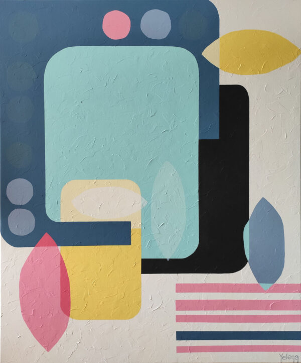 Summer Breeze abstract painting by Yelena Revis with aqua, yellow, and blue organic shapes on white.