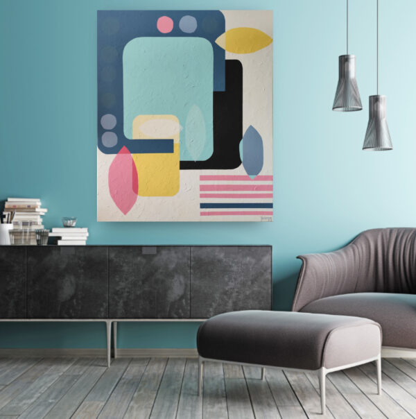 Summer Breeze geometric abstract painting by Yelena Revis above a white sofa with pastel cushions