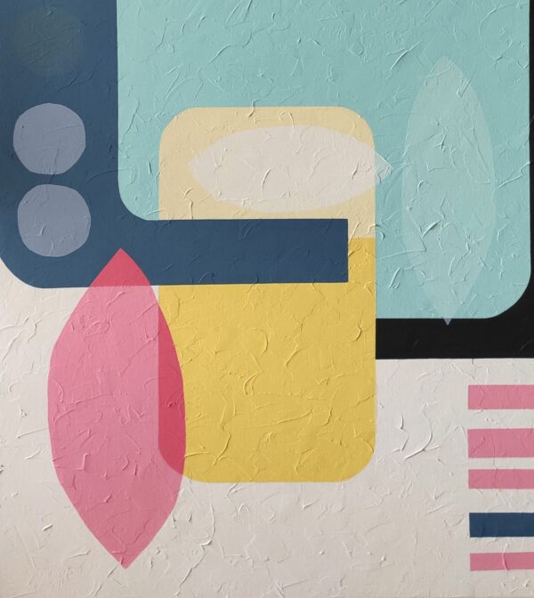 Detail of a coral pink leaf shape, ochre rectangle and turquoise blocks in Summer Breeze by Yelena Revis