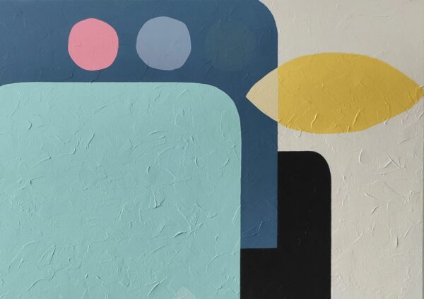 Detail of turquoise and navy blocks with coral, slate and ochre shapes in Summer Breeze by Yelena Revis
