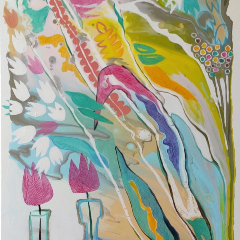 Summer Harmony original abstract painting by Yelena Revis featuring floral arrangements in decorative vessels.