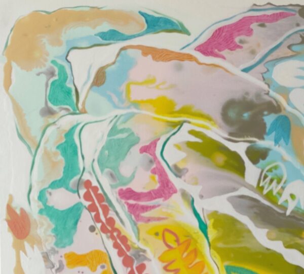 Summer Harmony painting detail by Yelena Revis showing organic botanical shapes and soft pastel color blends.