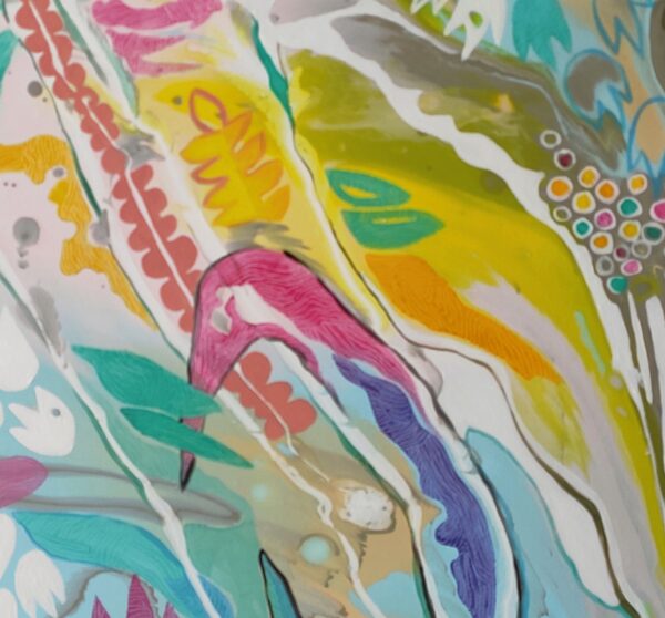 Summer Harmony painting detail by Yelena Revis showing delicate floral patterns and soft pastel tones.