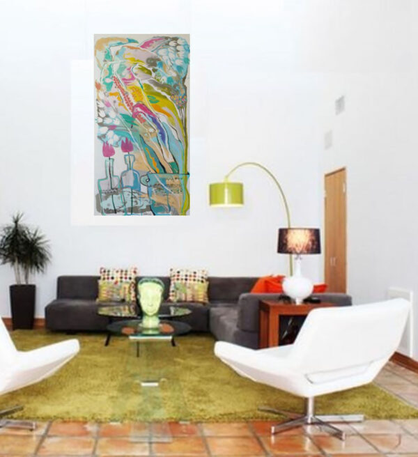 Summer Harmony painting by Yelena Revis styled above a sectional sofa in a modern, sunlit living room interior.
