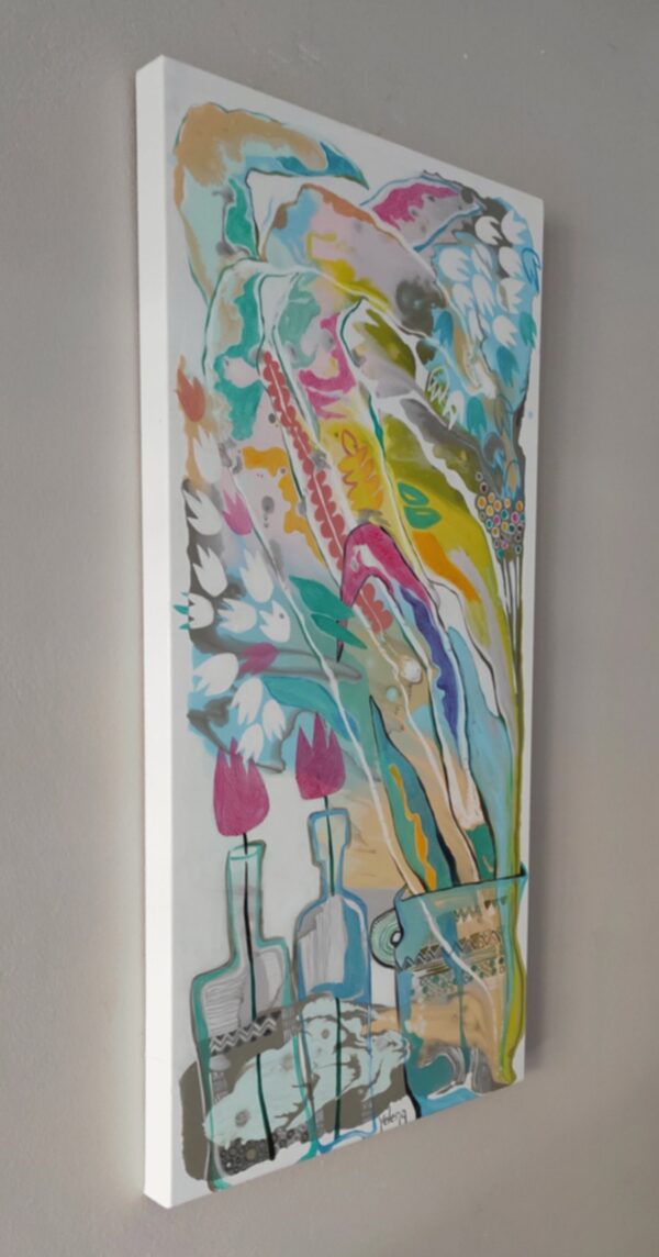Summer Harmony abstract painting by Yelena Revis side view showing stretched canvas profile and finished edges.