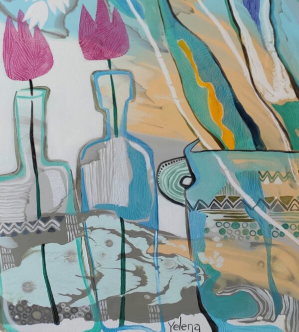 Summer Harmony painting detail by Yelena Revis showing the artist signature in the lower center section.