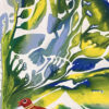 Summer Time painting detail by Yelena Revis showing a charming red bird perched among lush foliage.