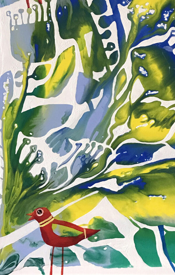 Summer Time painting detail by Yelena Revis showing a charming red bird perched among lush foliage.
