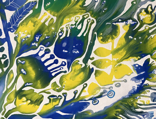 Summer Time painting detail by Yelena Revis showing vibrant blue, green, and yellow botanical patterns.
