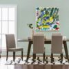 Summer Time painting by Yelena Revis styled above a dining table in a bright, modern dining room interior.