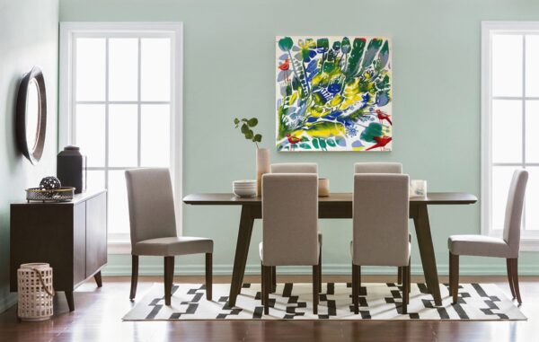 Summer Time painting by Yelena Revis styled above a dining table in a bright, modern dining room interior.