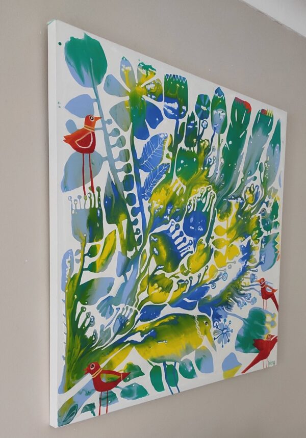 Summer Time abstract painting by Yelena Revis side view showing stretched canvas profile and finished edges.