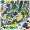 Summer Time original abstract painting by Yelena Revis featuring lush botanical foliage and charming red birds.