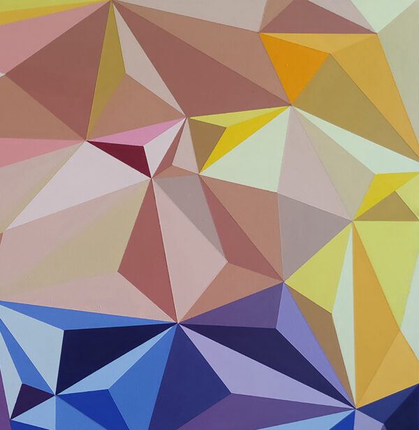 Detail of facets shifting from solar yellow and blush to indigo and cobalt in Sun Glare by the Sea by Yelena Revis