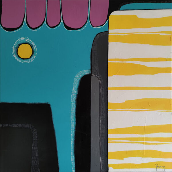 Sunny Colour Mood abstract painting by Yelena Revis with turquoise sky, yellow striped panel, and purple awning shapes.