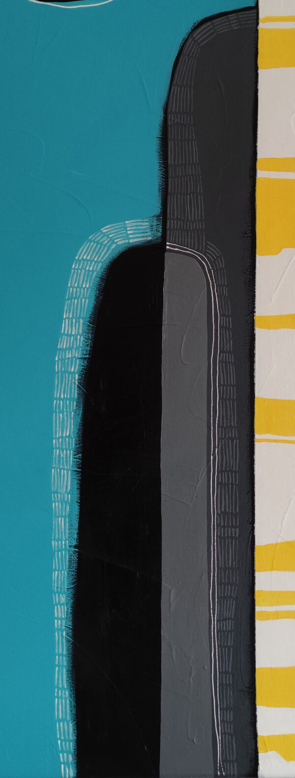 Detail of charcoal pillars with white line hatching beside yellow stripes in Sunny Colour Mood by Yelena Revis