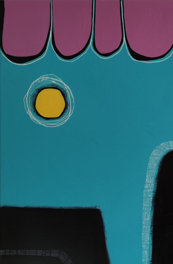 Detail of pink scalloped shapes and a yellow sun orb with white linework in Sunny Colour Mood by Yelena Revis