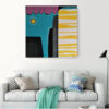 Sunny Colour Mood abstract painting by Yelena Revis above a white sofa with teal throws in a bright living room