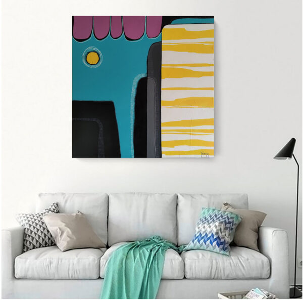 Sunny Colour Mood abstract painting by Yelena Revis above a white sofa with teal throws in a bright living room