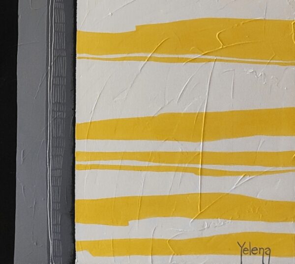Yelena Revis dark grey signature over yellow and off-white stripes in Sunny Colour Mood