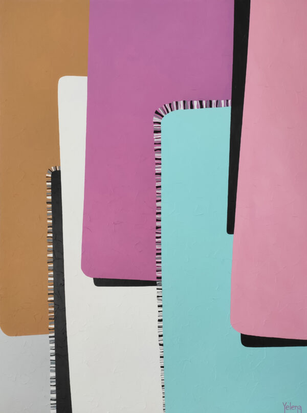 Tenderness — Abstract Painting by Yelena Revis Tenderness abstract painting by Yelena Revis with mauve, turquoise, pink, and ochre panels and fringe trim.