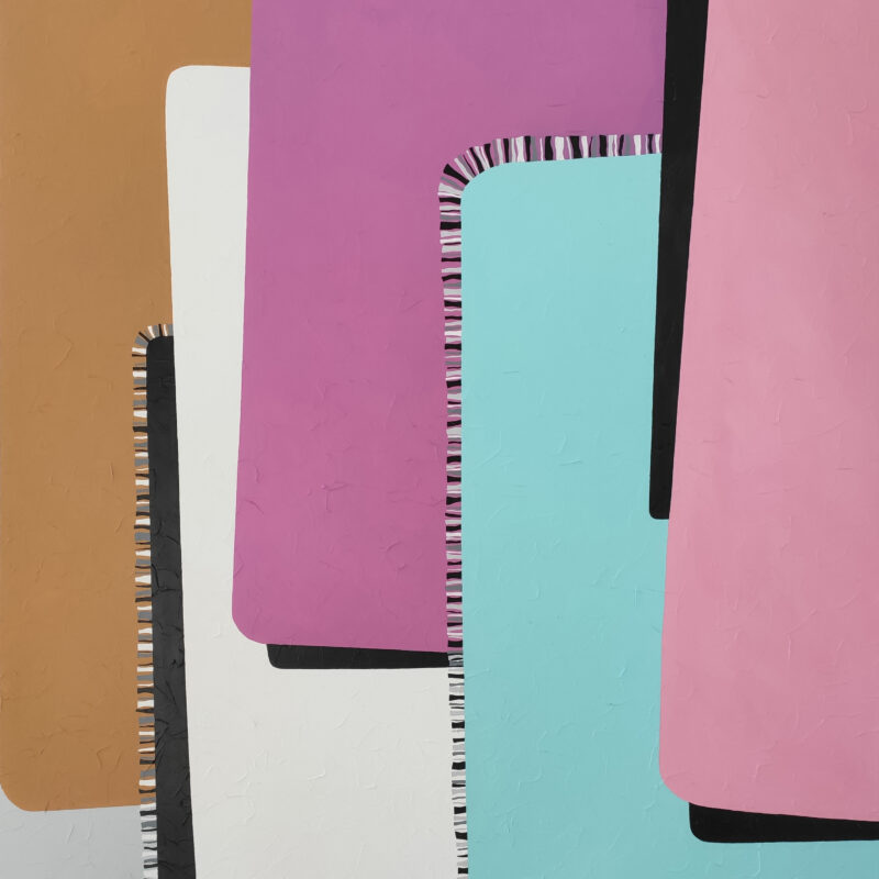 Tenderness — Abstract Painting by Yelena Revis Tenderness abstract painting by Yelena Revis with mauve, turquoise, pink, and ochre panels and fringe trim.