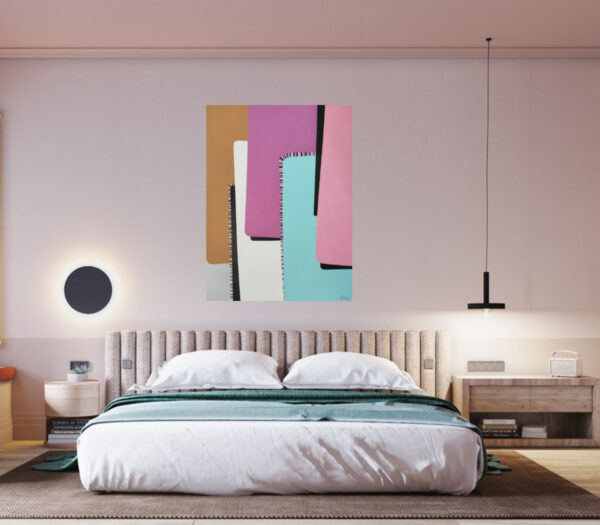 Tenderness Abstract Art Interior Mockup – Contemporary Bedroom Wall Decor by Yelena Revis Tenderness abstract painting by Yelena Revis above an upholstered bed in a serene bedroom