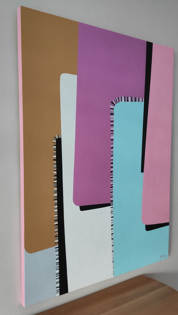 Tenderness Side Angle Profile View – Stretched Canvas Painting by Yelena Revis Side view of Tenderness by Yelena Revis showing pink painted gallery edges above a wooden tabletop