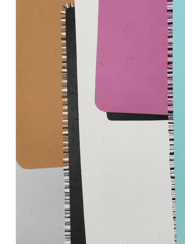 Tenderness Ochre White & Mauve Macro Detail – Abstract Painting by Yelena Revis Detail of camel ochre, off-white and mauve panels with stitched borders in Tenderness by Yelena Revis