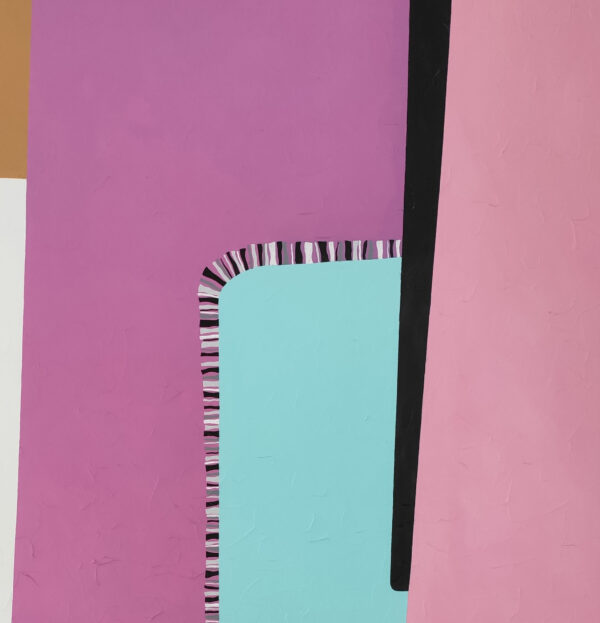 Tenderness Pastel Pink Mauve & Turquoise Macro Detail – Abstract Painting by Yelena Revis Detail of blush pink, mauve and turquoise panels with stitched borders in Tenderness by Yelena Revis