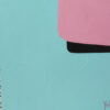 Tenderness Artist Signature Detail – Original Abstract Painting by Yelena Revis Yelena Revis light grey signature on turquoise beside a blush pink panel in Tenderness