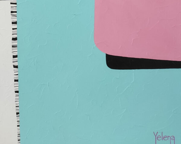 Tenderness Artist Signature Detail – Original Abstract Painting by Yelena Revis Yelena Revis light grey signature on turquoise beside a blush pink panel in Tenderness