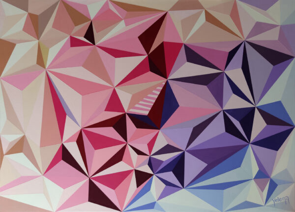 The Colourful Rhythm — Abstract Painting by Yelena Revis The Colourful Rhythm abstract painting by Yelena Revis with faceted pink, magenta, and purple crystalline prisms.