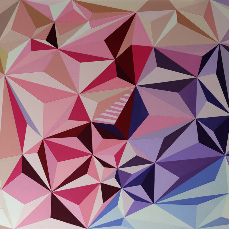 The Colourful Rhythm abstract painting by Yelena Revis with faceted pink, magenta, and purple crystalline prisms.